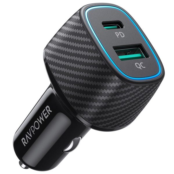 RAVPower RP-VC009 48W Dual Port Car Charger with PD30W + QC3.0 Black Offline Online