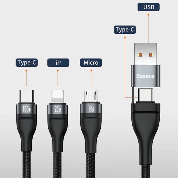 Baseus Flash Series Two-for-three Fast Charging Data Cable U+C to M+L+C - 1.2 Meters   100W   Black on Sale