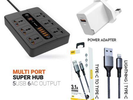 Bundle Deal - Porodo MultiPort Power Socket + Aspor 20W Charge + Lightning Cable + Type-C Cable 1 Meter For Discount