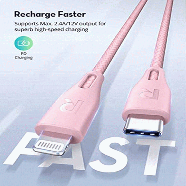 RAVPower Type-C to Lightning Charging Cable - 1 Meter   Nylon Pink For Sale