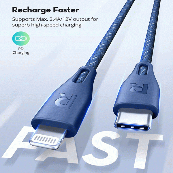 RAVPower Type-C to Lightning Charging Cable - 2 Meter   Nylon Blue Sale