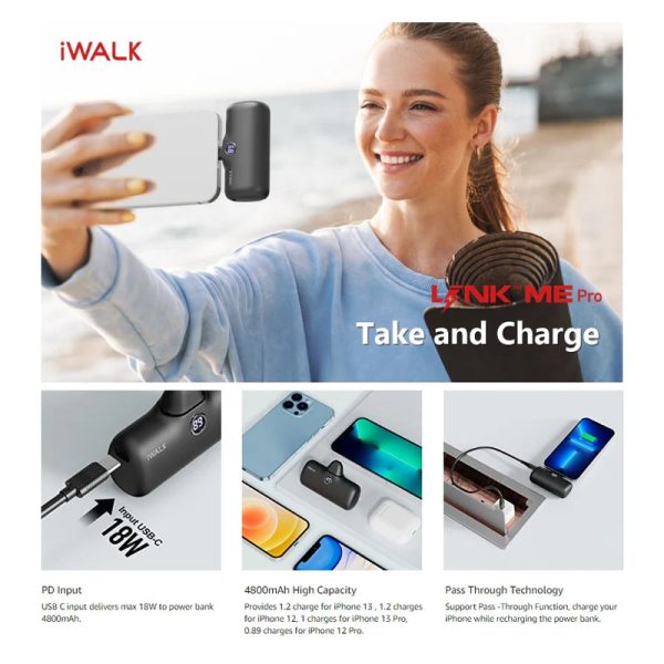 iWALK Linkme Pro Fast Charge 4800 Mah Pocket Battery With Battery Display For iPhone  - Black Supply