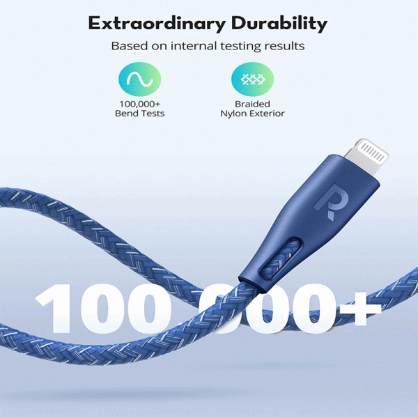 RAVPower Type-C to Lightning Charging Cable - 2 Meter   Nylon Blue Sale